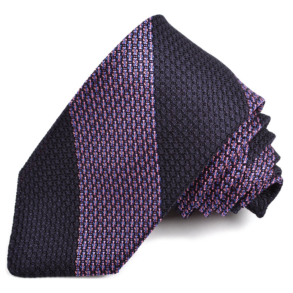 Navy, Pink, and Royal Wide Bar Stripe Garza Grossa Grenadine Italian Silk Tie by Dion Neckwear