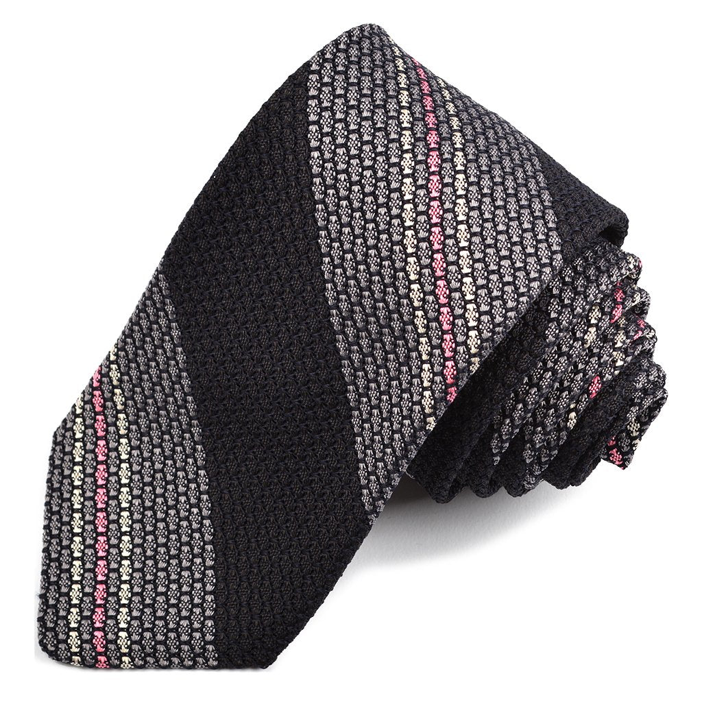 Black, Grey, and Pink Triple and Wide Bar Stripe Garza Grossa Grenadine Italian Silk Tie by Dion Neckwear