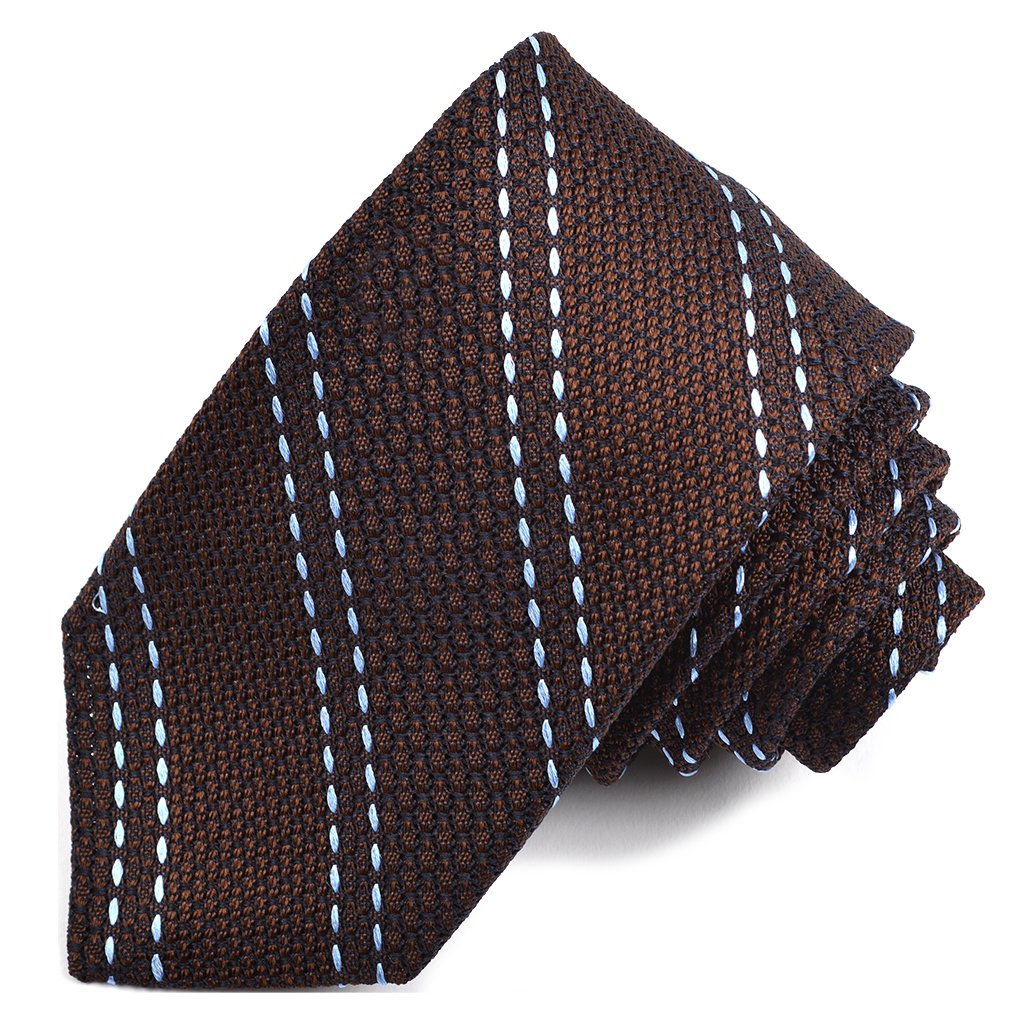 Brown and Sky Wide and Fine Bar Stripe Garza Grossa Grenadine Italian Silk Tie by Dion Neckwear