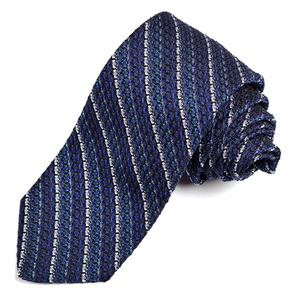 Navy, Dark Teal, and Ice Blue Thin Bar Stripe Grand Grenadine Italian Silk Tie by Dion Neckwear