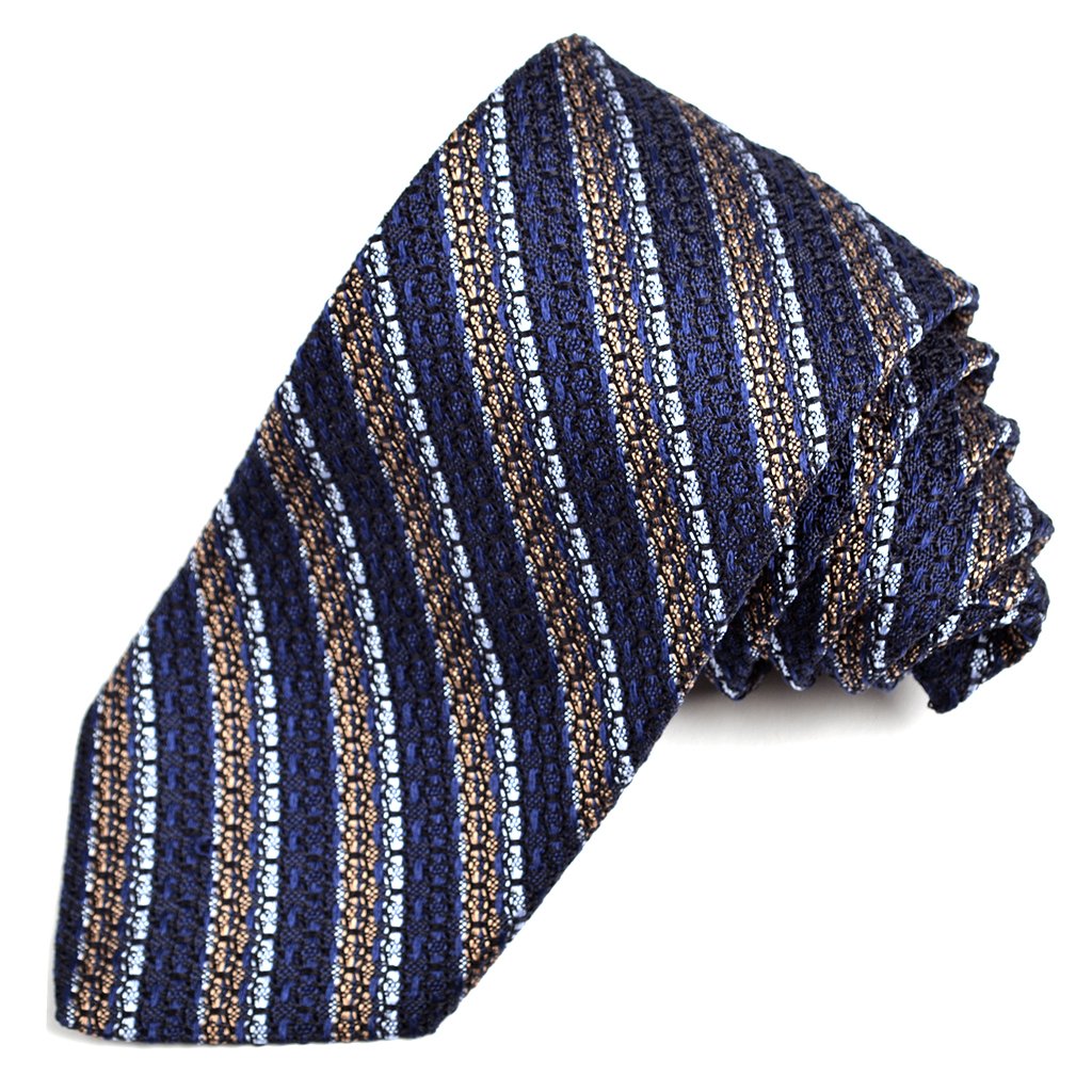 Navy, Tan, and Ice Blue Thin Bar Stripe Grand Grenadine Italian Silk Tie by Dion Neckwear