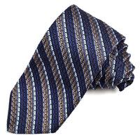 Navy, Tan, and Ice Blue Thin Bar Stripe Grand Grenadine Italian Silk Tie by Dion Neckwear