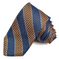 Cognac, French Blue, and Silver Thick Border Stripe Grand Grenadine Italian Silk Tie by Dion Neckwear