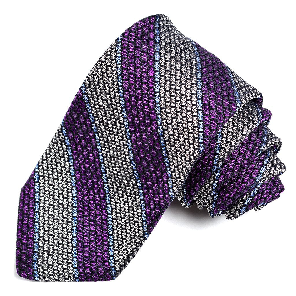 Purple, Silver, and Sky Thick Border Stripe Grand Grenadine Italian Silk Tie by Dion Neckwear