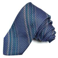French Blue, Teal, and Silver Multi Bar Stripe Grand Grenadine Italian Silk Tie by Dion Neckwear
