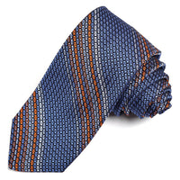 French Blue, Orange, and Silver Multi Bar Stripe Grand Grenadine Italian Silk Tie by Dion Neckwear
