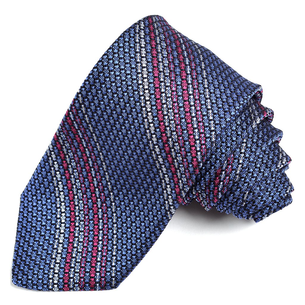 French Blue, Berry, and Silver Multi Bar Stripe Grand Grenadine Italian Silk Tie by Dion Neckwear