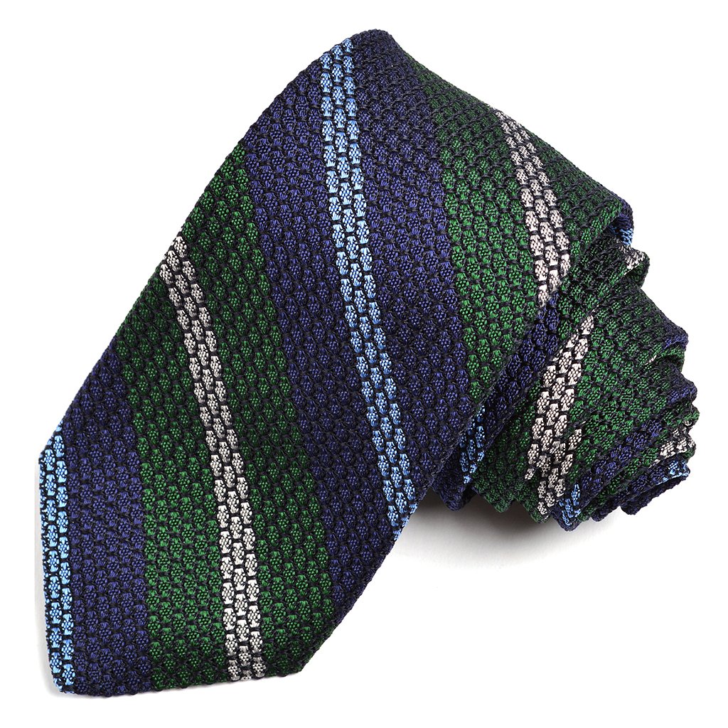 Navy, Forest, Sky, and Silver Bold Stripe Grand Grenadine Italian Silk Tie by Dion Neckwear