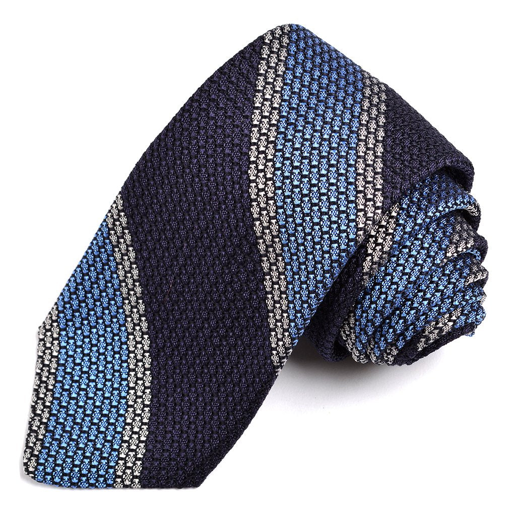 Navy, French Blue, and Silver Bold Border Stripe Garza Grossa Grenadine Italian Silk Tie by Dion Neckwear
