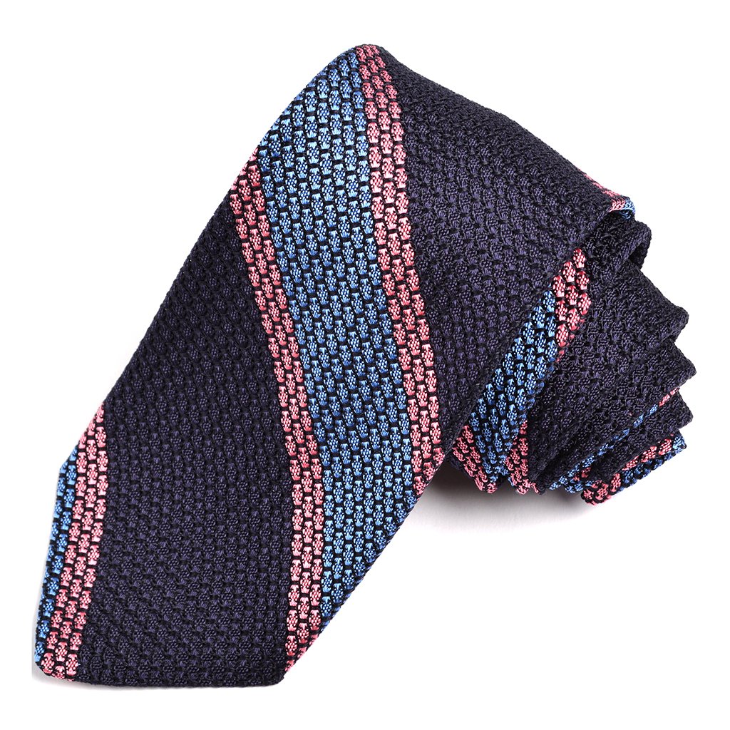 Navy, French Blue, and Pink Bold Border Stripe Grand Grenadine Italian Silk Tie by Dion Neckwear