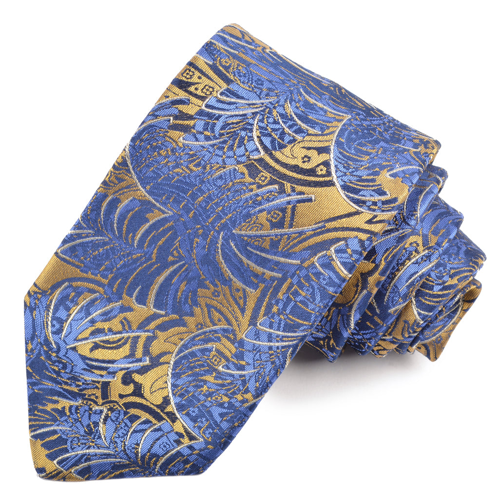 Gold, Bluette, and Navy Tropical Escape Woven Italian Silk Jacquard Tie by Dion Neckwear