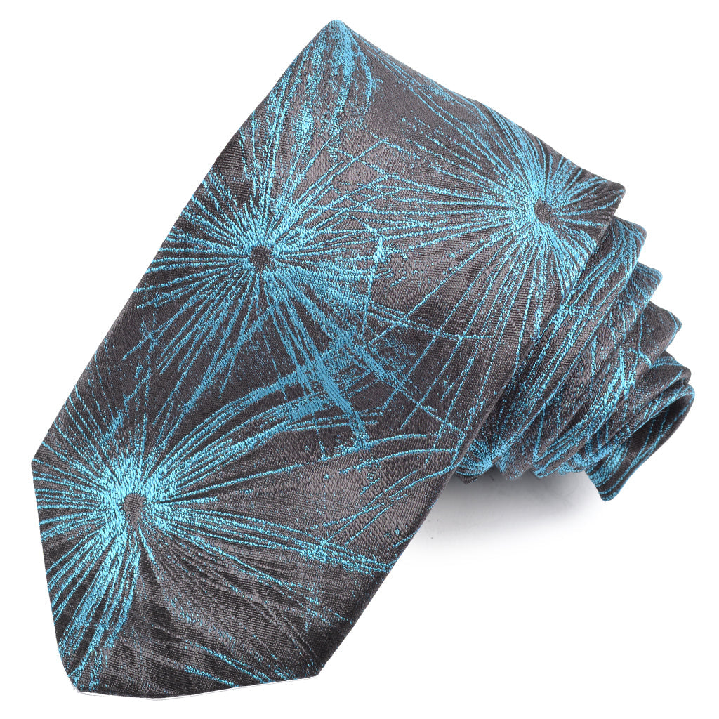 Black, Charcoal, and Turquoise Dandelion Wish Flower Woven Silk Jacquard Tie by Dion Neckwear