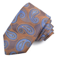 Tobacco, Bluette, and Navy Overlapping Teardrop Paisley and Shadow Woven Silk Jacquard Tie by Dion Neckwear