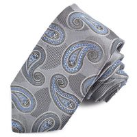 Grey, French Blue, and Charcoal Overlapping Teardrop Paisley and Shadow Woven Silk Jacquard Tie by Dion Neckwear