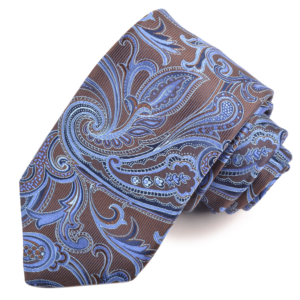 Mocha, Sky, and Navy Floral Paisley Faille Woven Silk Jacquard Tie by Dion Neckwear