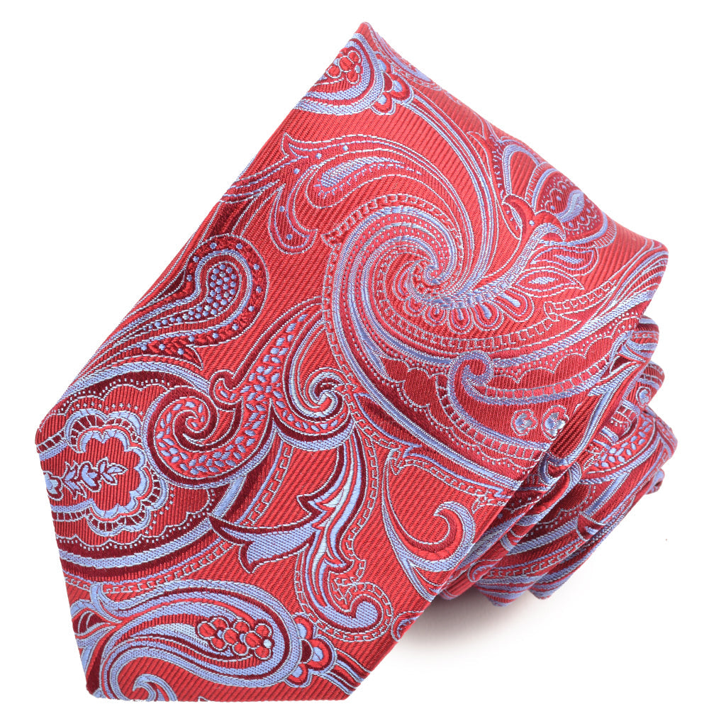 Wine, French Blue, and Sky Floral Paisley Faille Woven Silk Jacquard Tie by Dion Neckwear