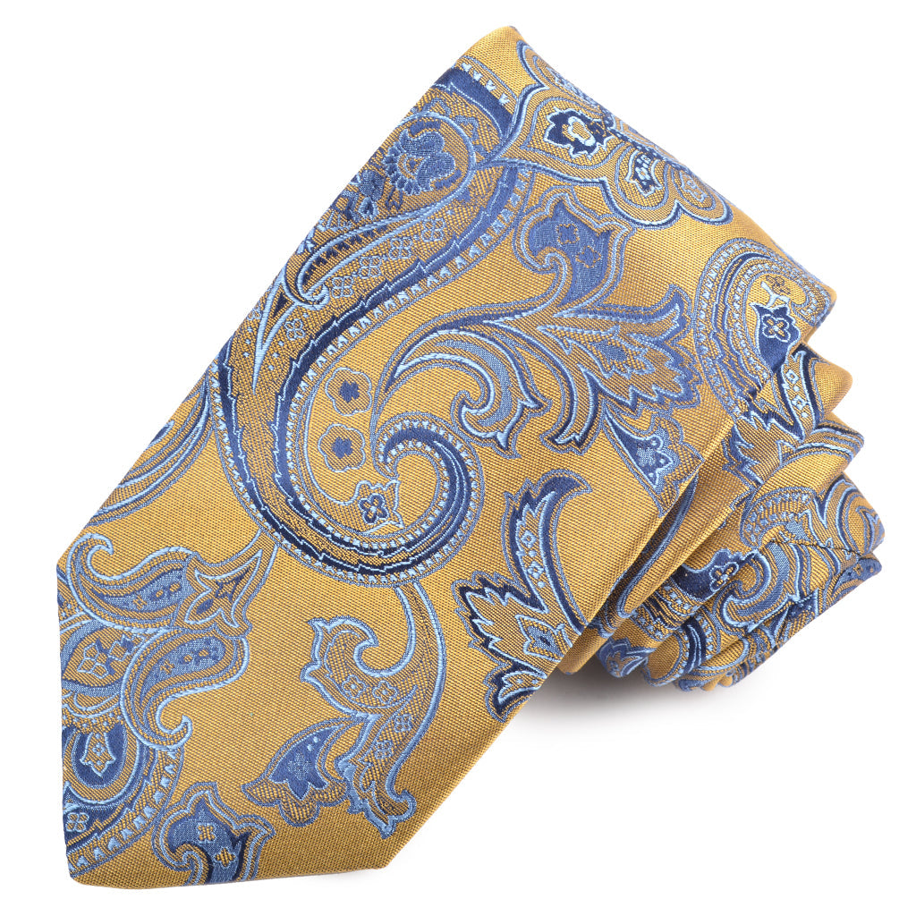 Gold, Powder Blue, and Navy Fluid Floral Teardrop Paisley Woven Silk Jacquard Tie by Dion Neckwear