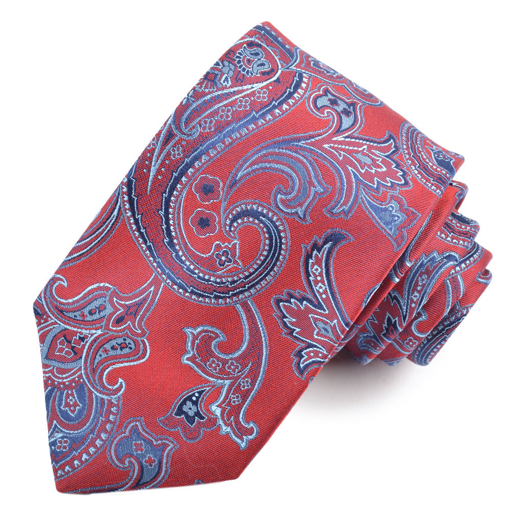 Red, Sky, and Navy Fluid Floral Teardrop Paisley Woven Silk Jacquard Tie by Dion Neckwear