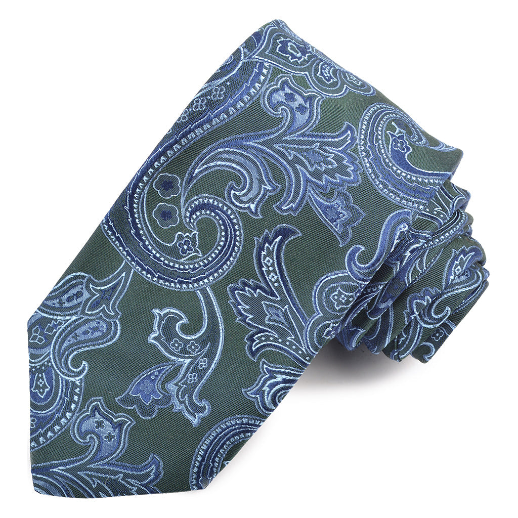 Forest, Sky, and Navy Fluid Floral Teardrop Paisley Woven Silk Jacquard Tie by Dion Neckwear