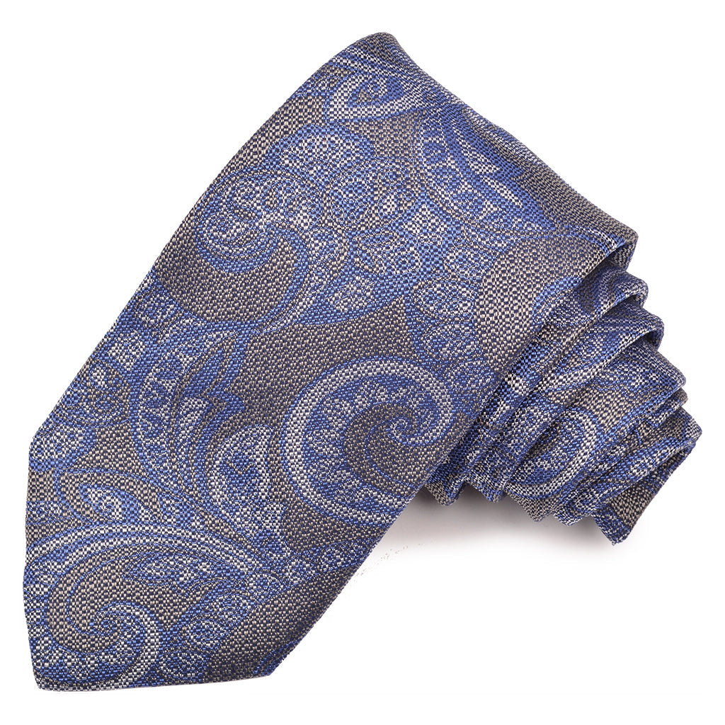 Grey and French Blue Mélange Paisley Woven Silk Jacquard Tie by Dion Neckwear