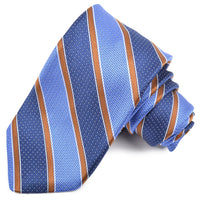 Bluette, Navy, and Tobacco Multi Textured Thick Bar Stripe Woven Jacquard Silk Tie by Dion Neckwear