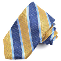 Gold, Navy, and Powder Blue Multi Textured Thick Bar Stripe Woven Jacquard Silk Tie by Dion Neckwear