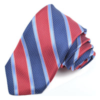 Red, Navy, and French Blue Multi Textured Thick Bar Stripe Woven Jacquard Silk Tie by Dion Neckwear