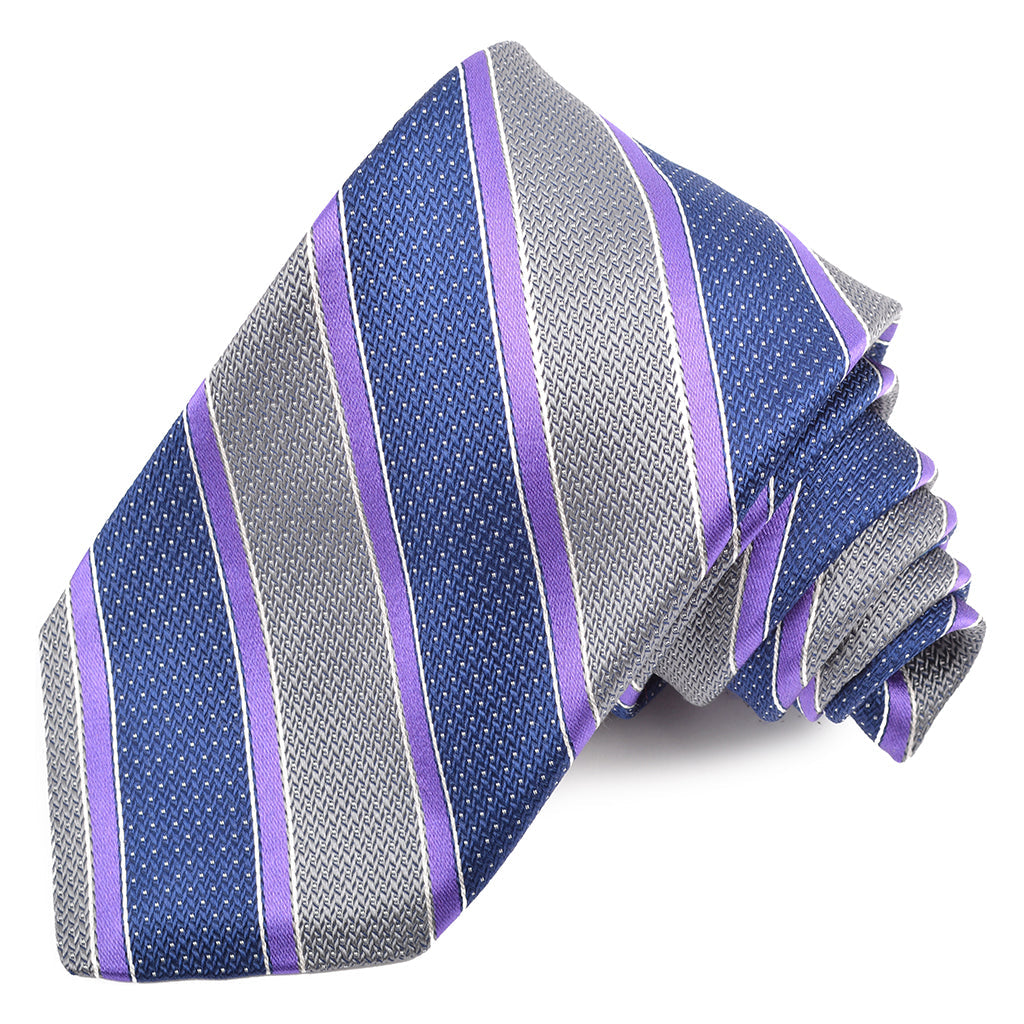 Grey, Navy, and Purple Multi Textured Thick Bar Stripe Woven Jacquard Silk Tie by Dion Neckwear