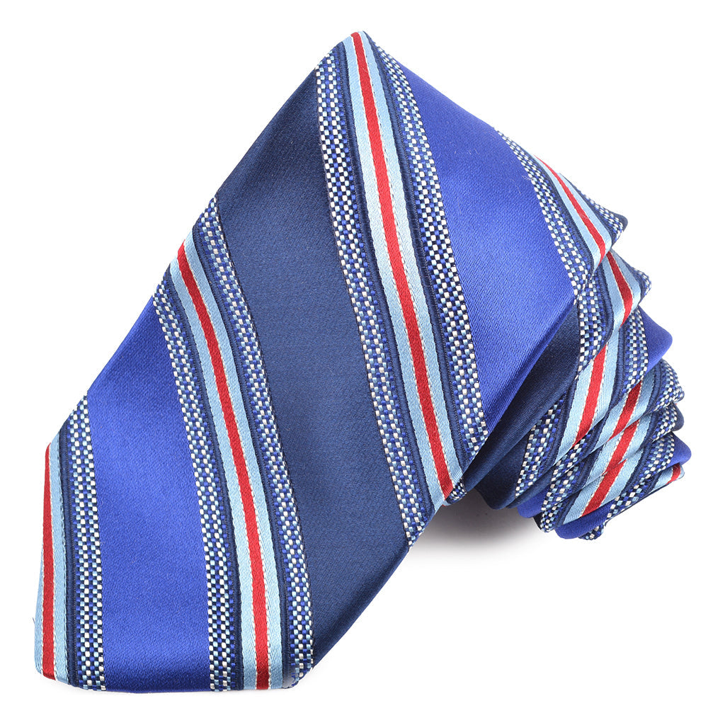 Royal, Navy, and Red Checkerboard Frame Multi Satin Bar Stripe Woven Jacquard Silk Tie by Dion Neckwear