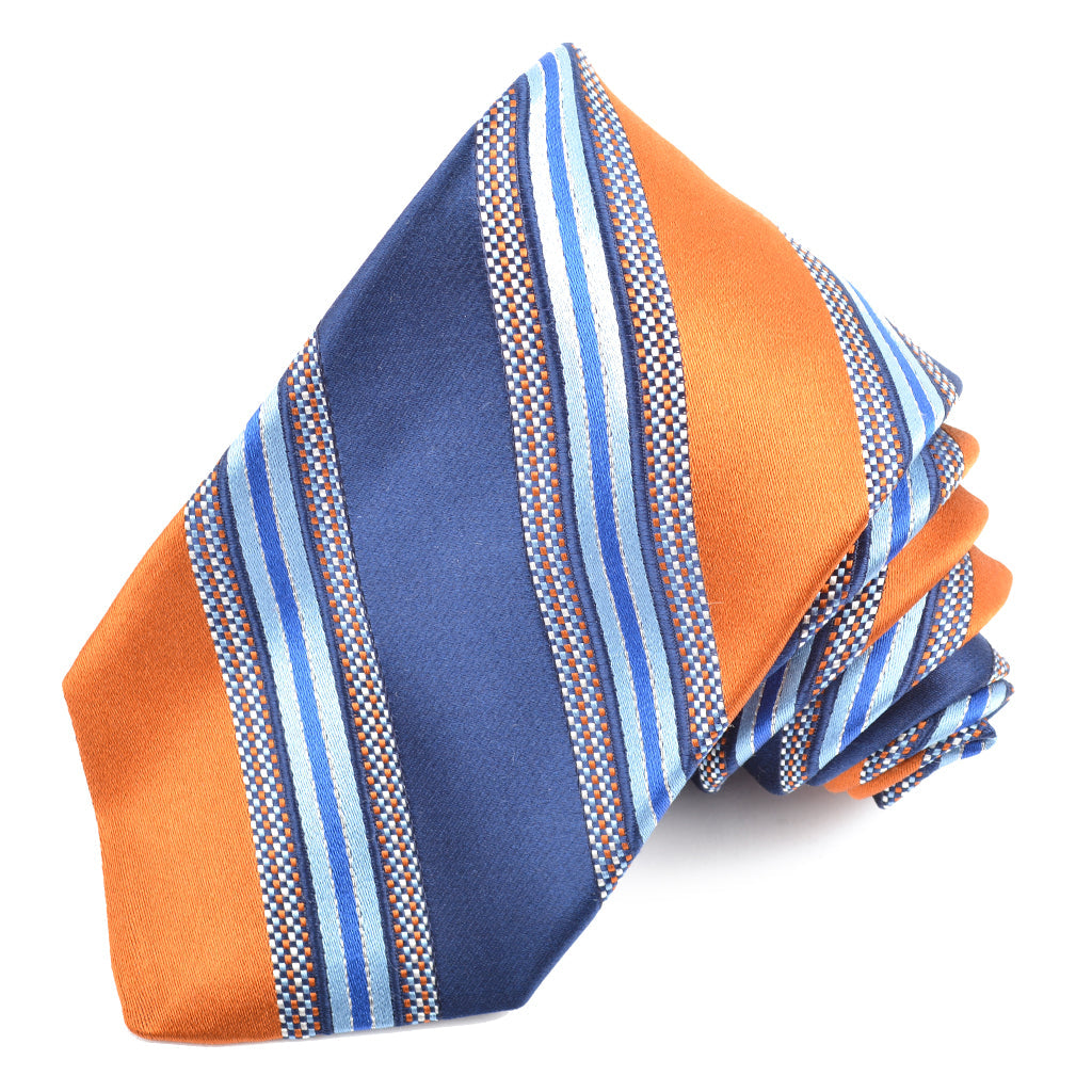 Orange, Navy, and Sky Checkerboard Frame Multi Satin Bar Stripe Woven Jacquard Silk Tie by Dion Neckwear