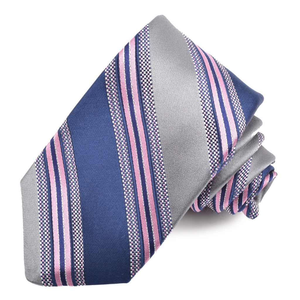 Grey, Navy, and Pink Checkerboard Frame Multi Satin Bar Stripe Woven Jacquard Silk Tie by Dion Neckwear