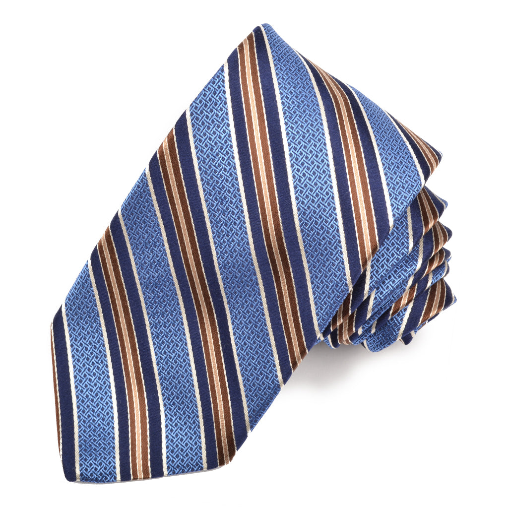 French Blue, Mocha, and Sand Basketweave Double Bar Stripe Woven Silk Jacquard Tie by Dion Neckwear
