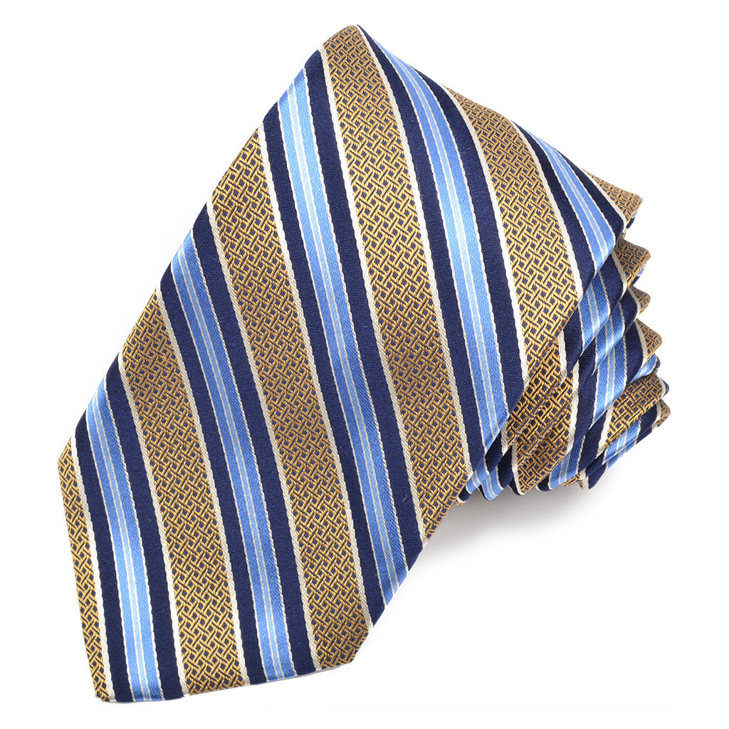 Gold, Sky, and Navy Basketweave Double Bar Stripe Woven Silk Jacquard Tie by Dion Neckwear