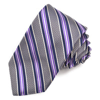 Grey, Lilac, and Navy Basketweave Double Bar Stripe Woven Silk Jacquard Tie by Dion Neckwear