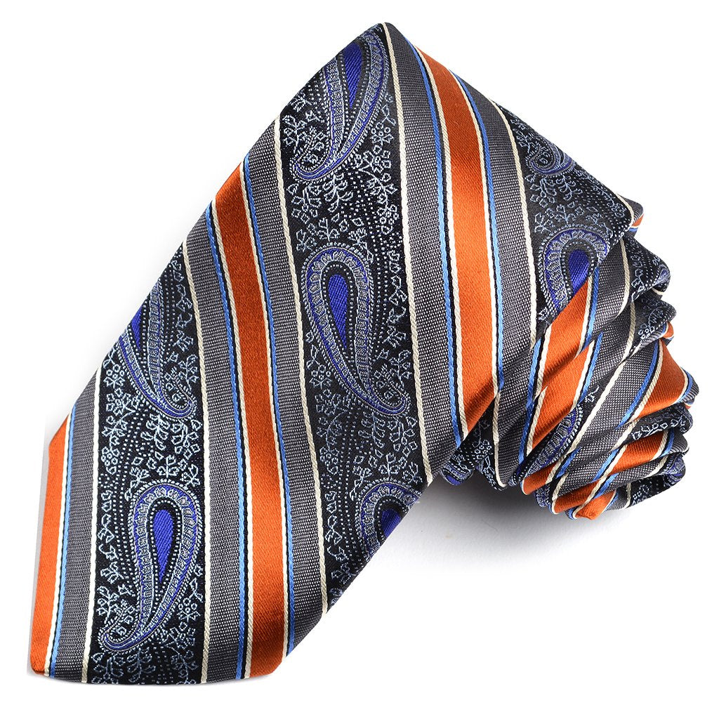 Grey, Cognac, and Purple Teardrop Paisley Stripe Silk Woven Jacquard Tie by Dion Neckwear