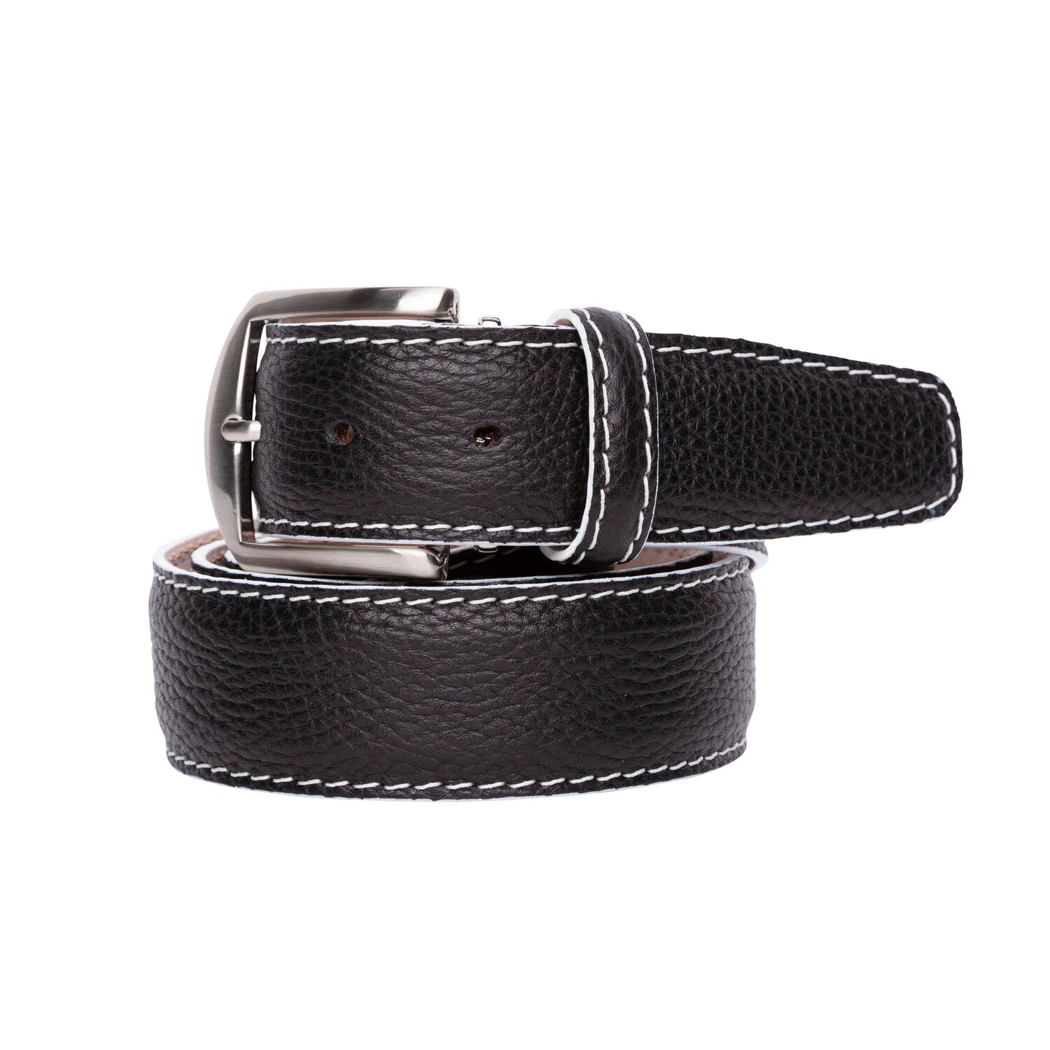 French Pebble Grain Calf Belt in Black with White Stitching by L.E.N. Bespoke