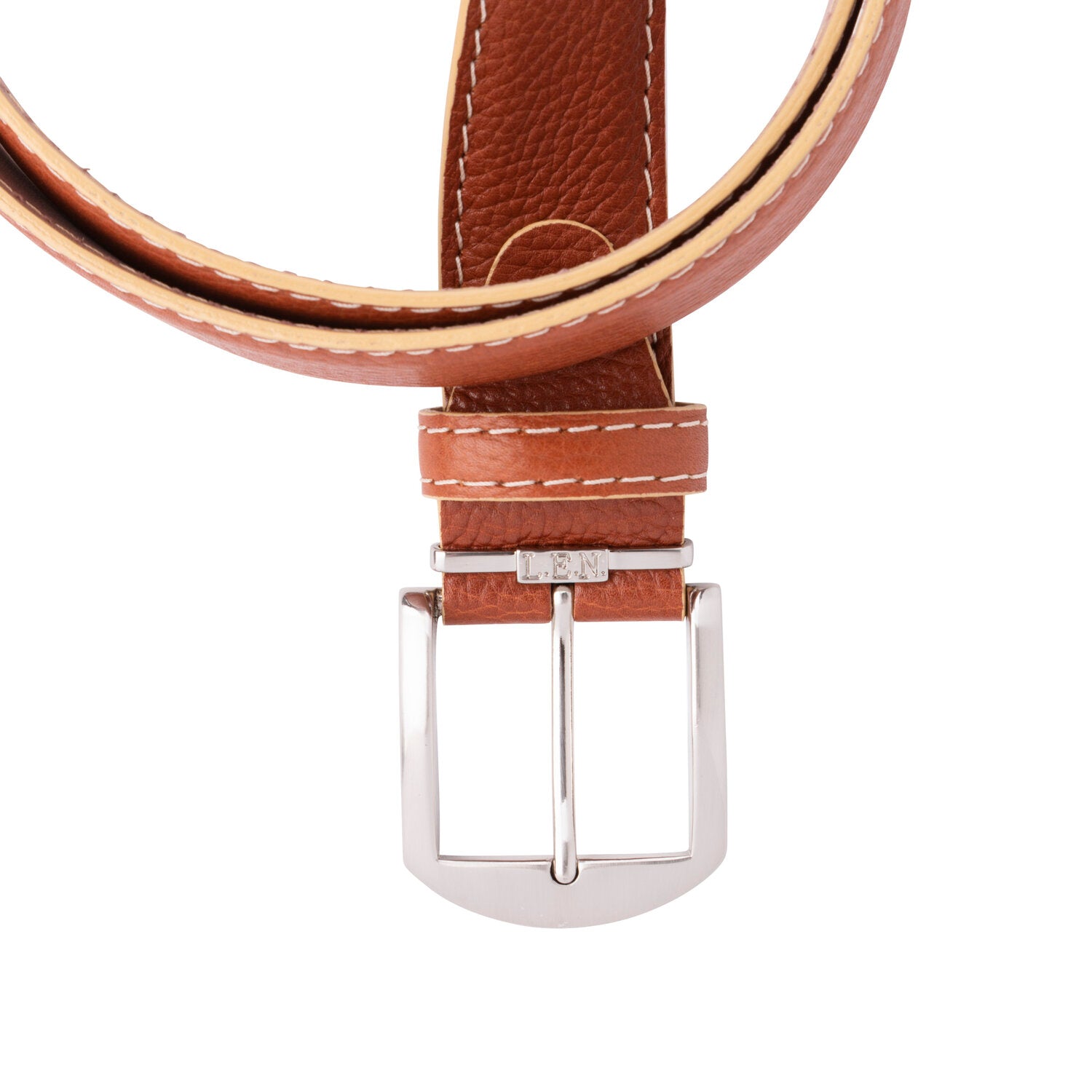 French Pebble Grain Calf Belt in Cognac with Beige Stitching by L.E.N. Bespoke