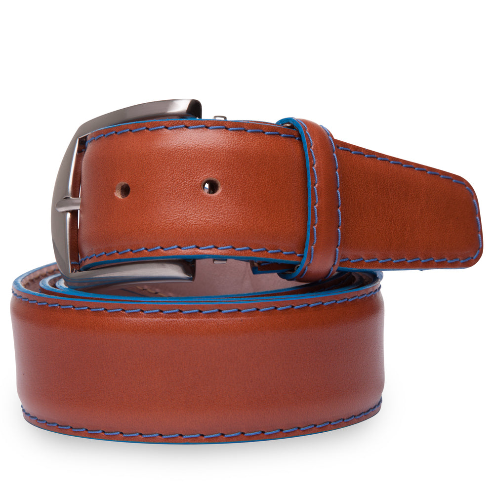 French Calf Belt in Cognac with Denim Stitching by L.E.N. Bespoke
