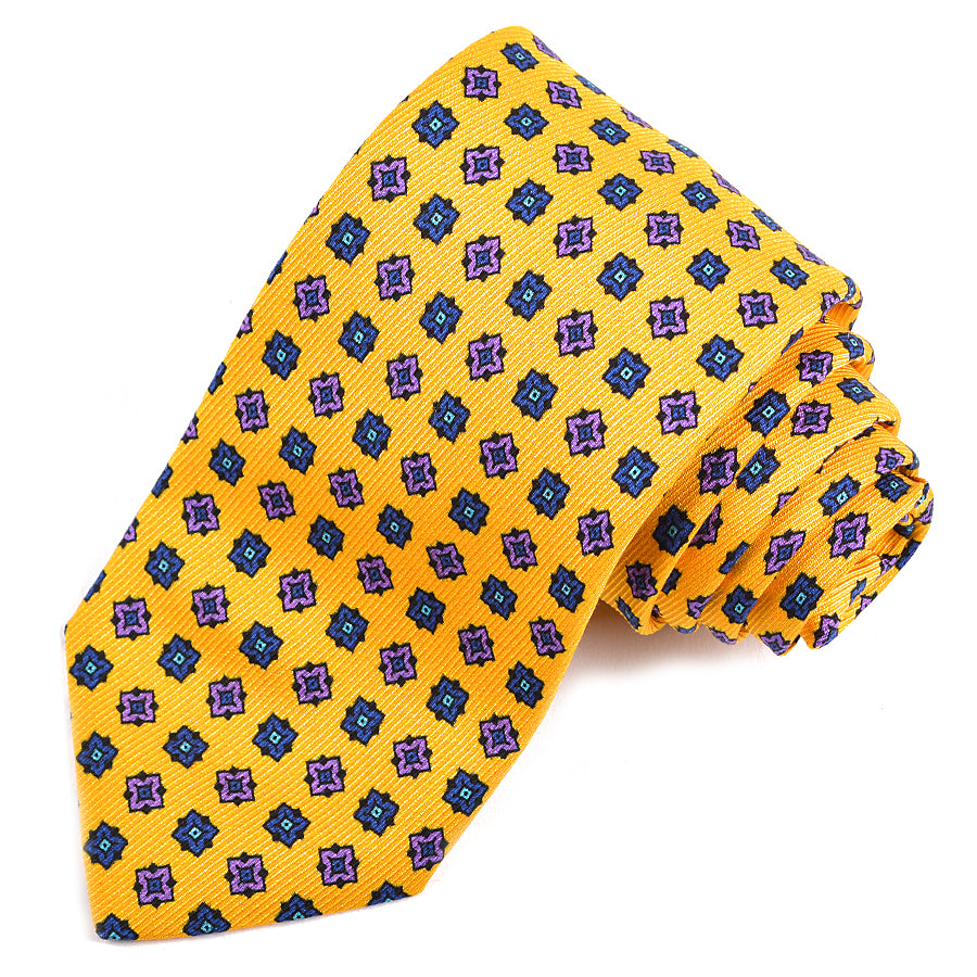 Yellow, Black, and Purple Geometric Medallion Printed Saglione Silk Tie by Dion Neckwear