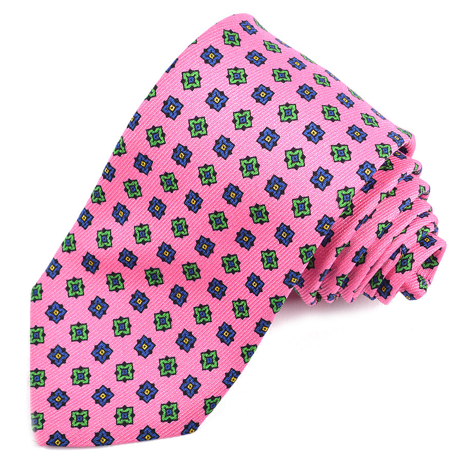 Pink, Navy, and Green Geometric Medallion Printed Saglione Silk Tie by Dion Neckwear