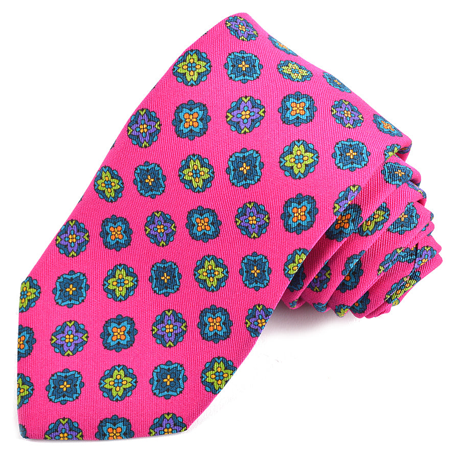 Pink, Teal, Green, and Purple Medallion Printed Irish Silk and Wool Poplin Tie by Dion Neckwear