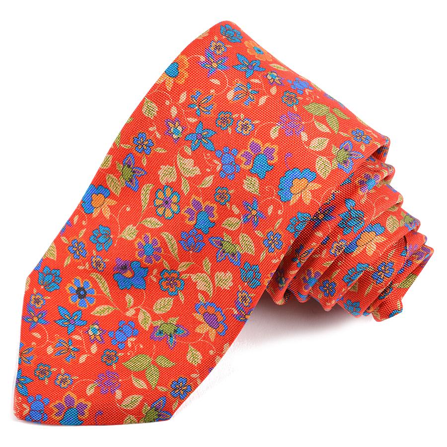 Red, Purple, and French Blue Cluster Floral Printed Panama Silk Tie by Dion Neckwear