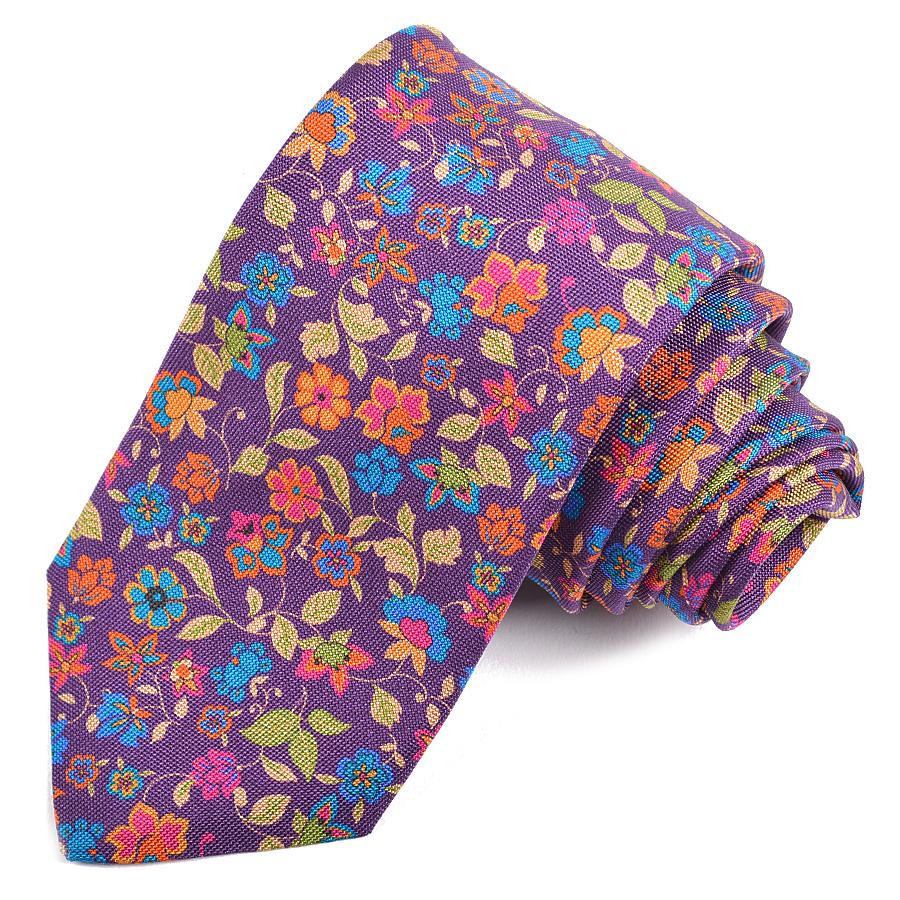 Purple, Orange, Pink, and Teal Cluster Floral Printed Panama Silk Tie by Dion Neckwear