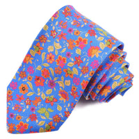 Royal, Red, Orange, and Green Cluster Floral Printed Panama Silk Tie by Dion Neckwear
