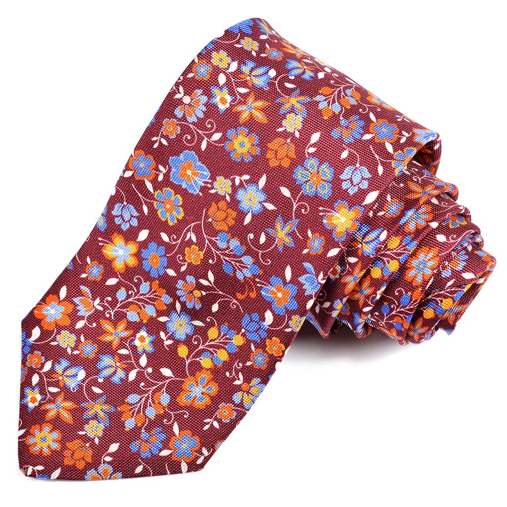 Wine, French Blue, and Melon Vine Floral Printed Panama Silk Tie by Dion Neckwear