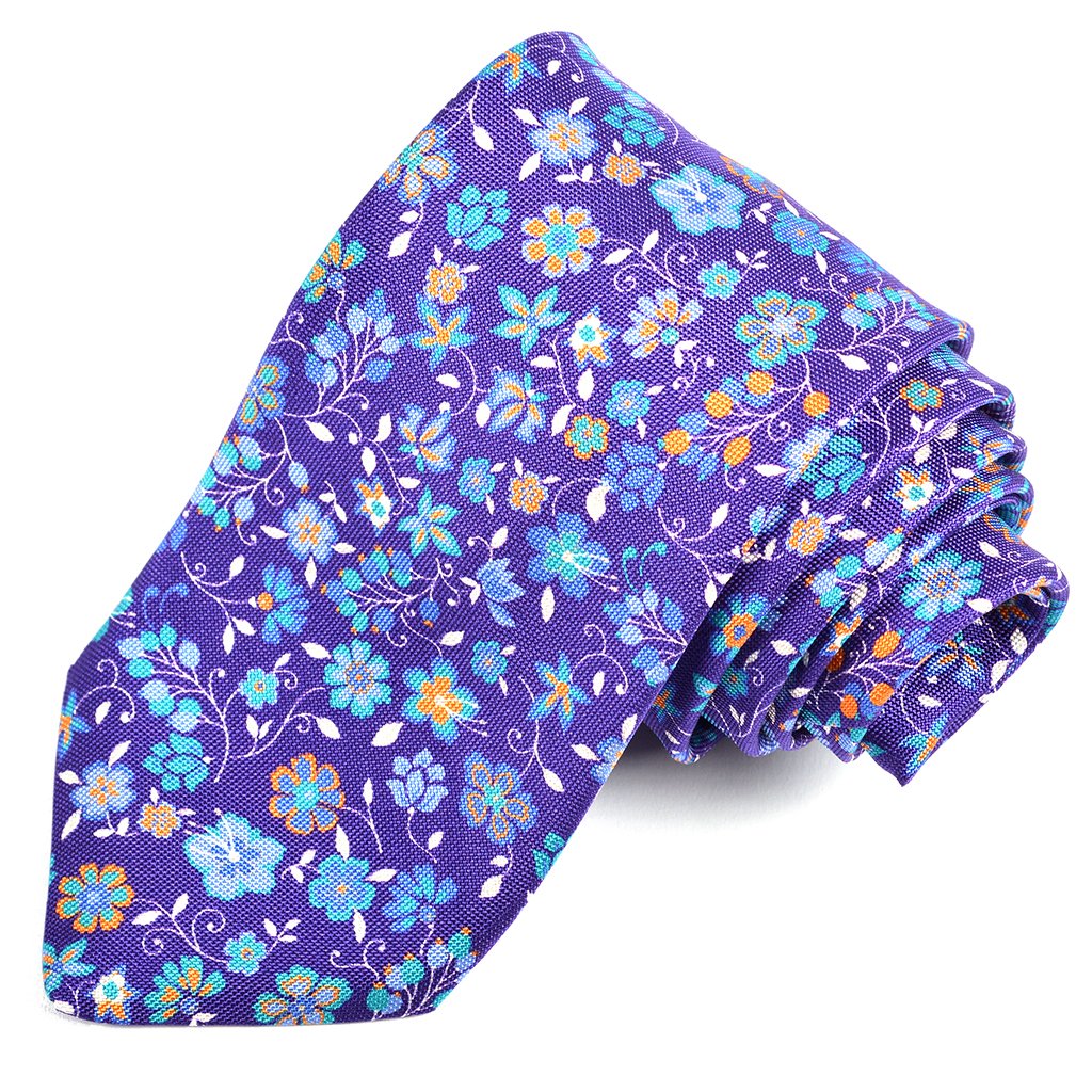 Purple, French Blue, and Teal Vine Floral Printed Panama Silk Tie by Dion Neckwear
