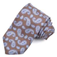 Brown, French Blue, and Silver Teardrop and Pine Paisley Italian Silk Printed Panama Tie by Dion Neckwear