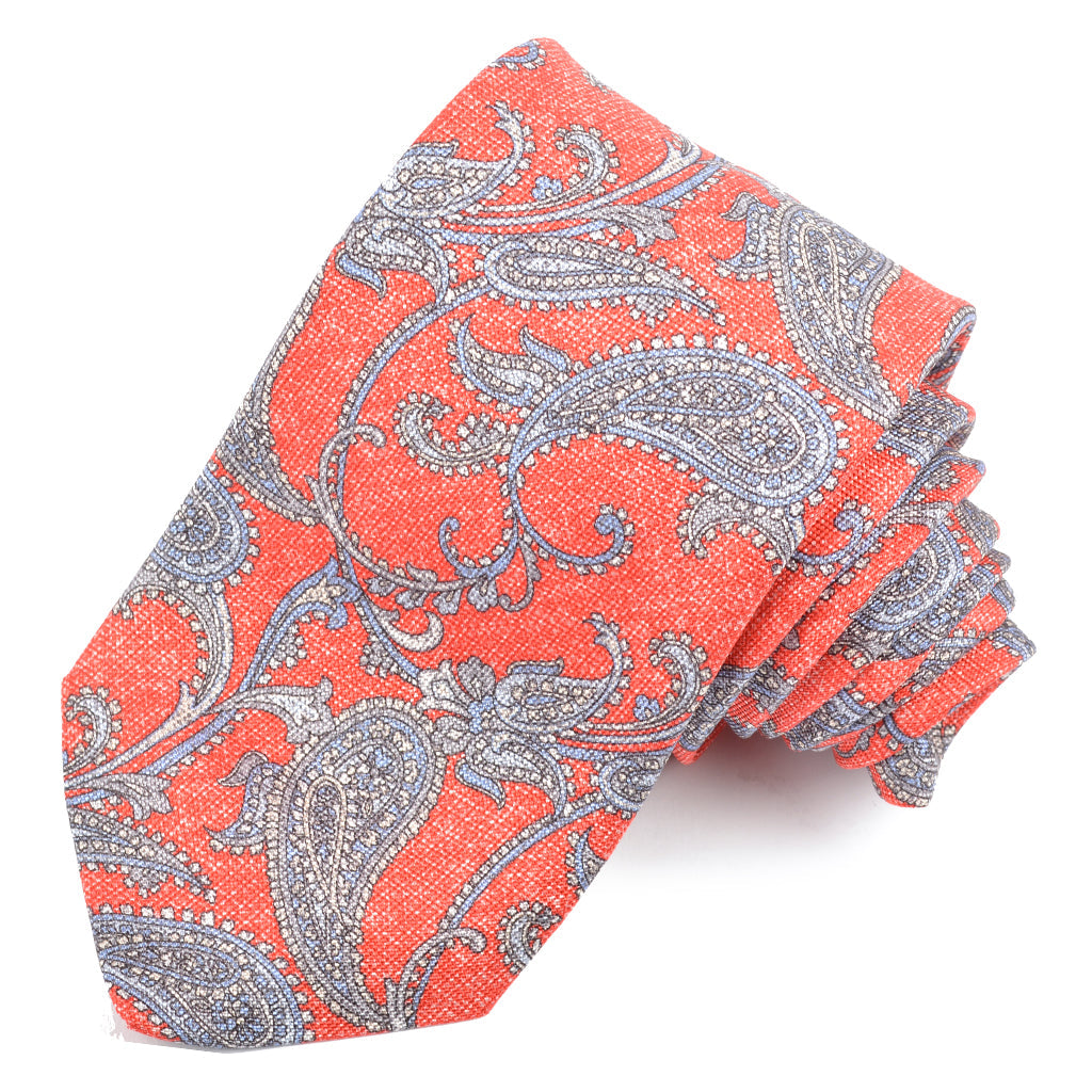 Red, Sky, and Stone Teardrop Floral Paisley Italian Silk Printed Panama Tie by Dion Neckwear