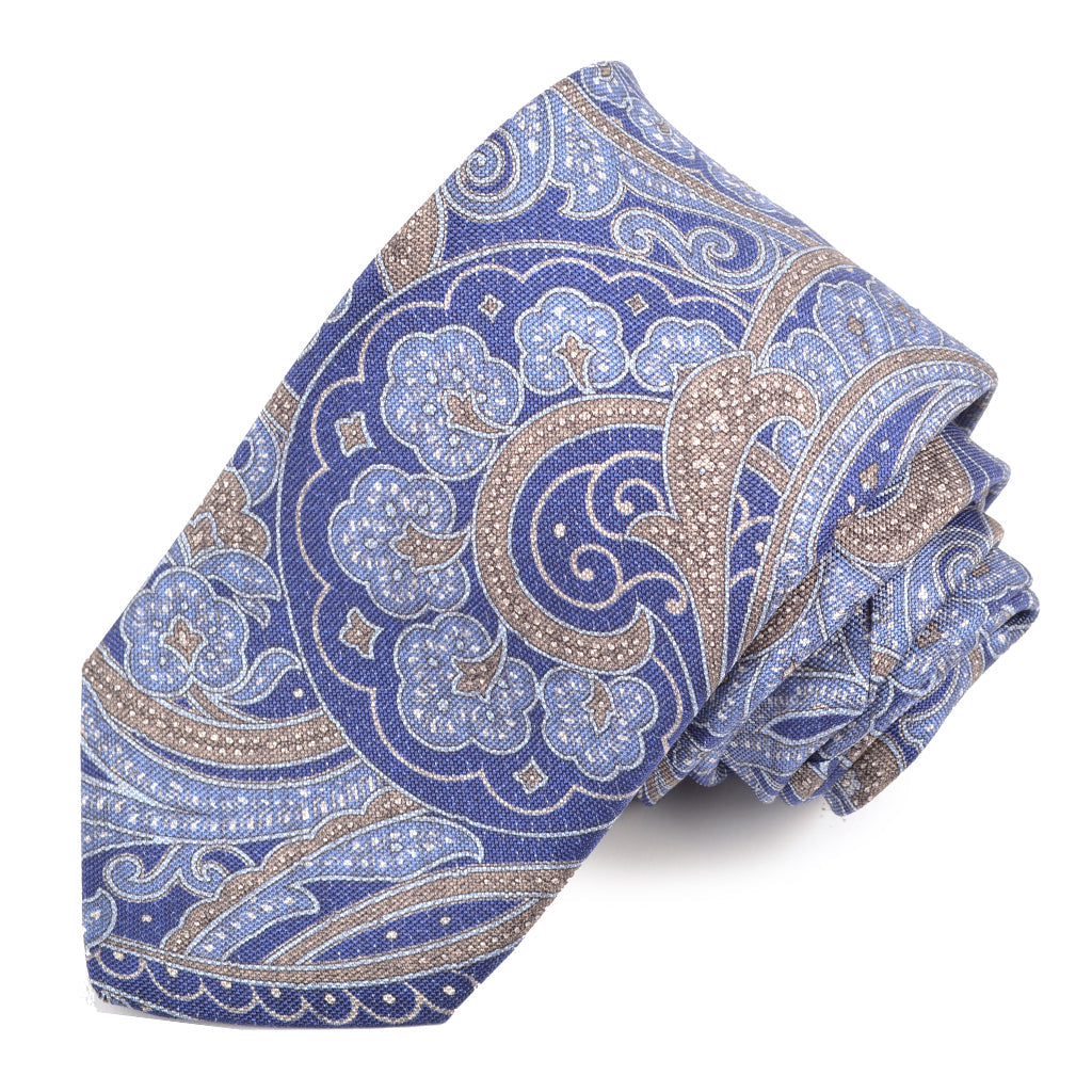 Navy, Denim Blue, and Sand Persian Paisley Italian Silk Printed Panama Tie by Dion Neckwear