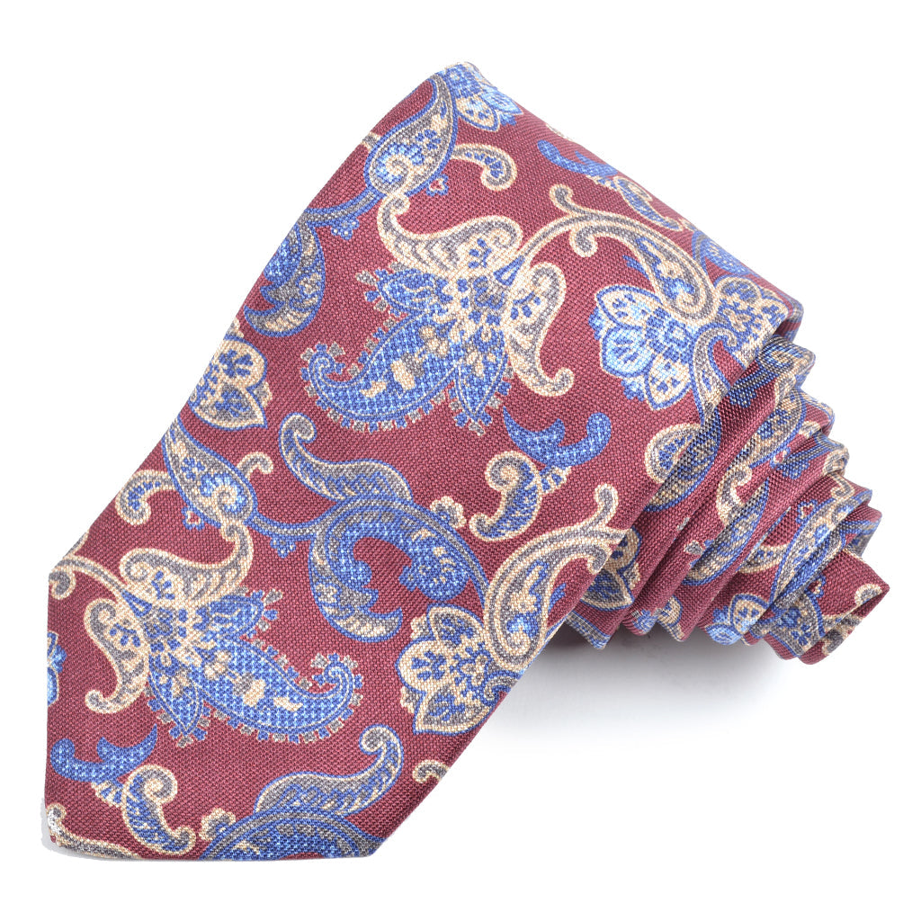 Burgundy, Royal, and Sand Tulip Teardrop Paisley Italian Silk Printed Panama Tie by Dion Neckwear